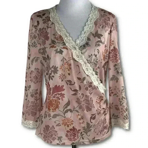Vintage Tops - Nine West top sz large multicolored floral faux wrap 3/4 sleeve 90s Y2k vintage